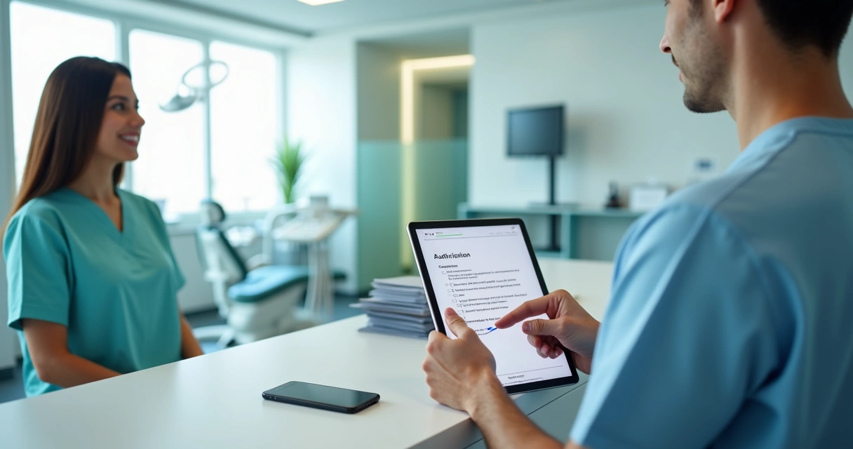 Dentista mostrando em tablet a autorização digital para paciente em clínica moderna