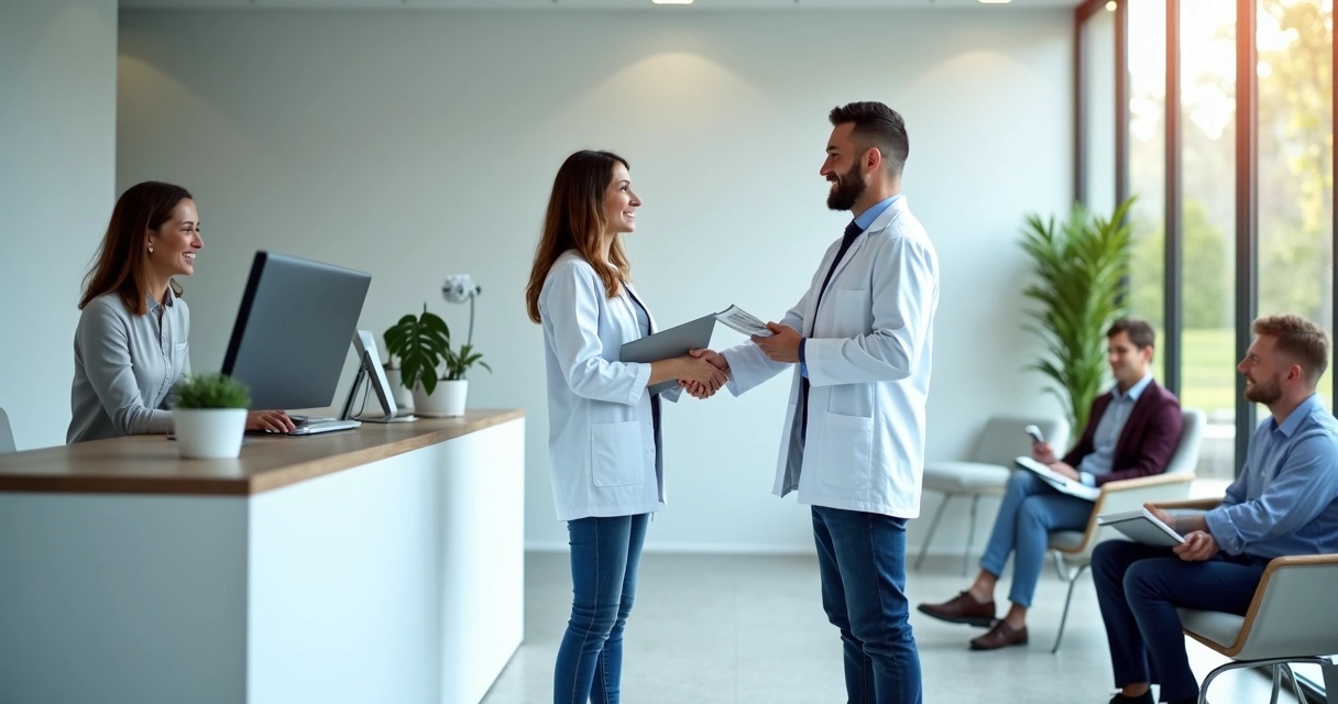 Dentista cumprimentando paciente fiel em clínica odontológica moderna