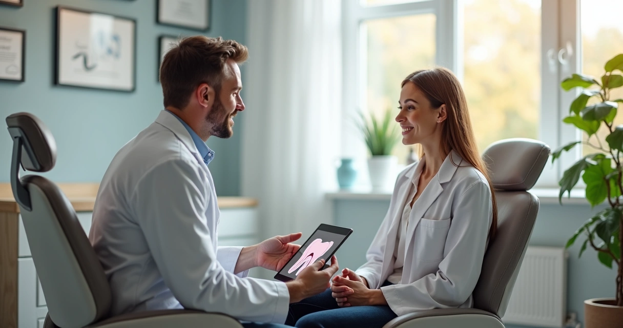 Dentista conversando de forma acolhedora com paciente em consultório moderno