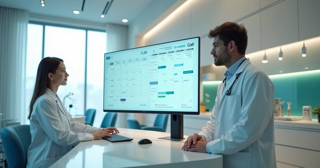 Dentista analisando agenda digital com inteligência artificial na clínica