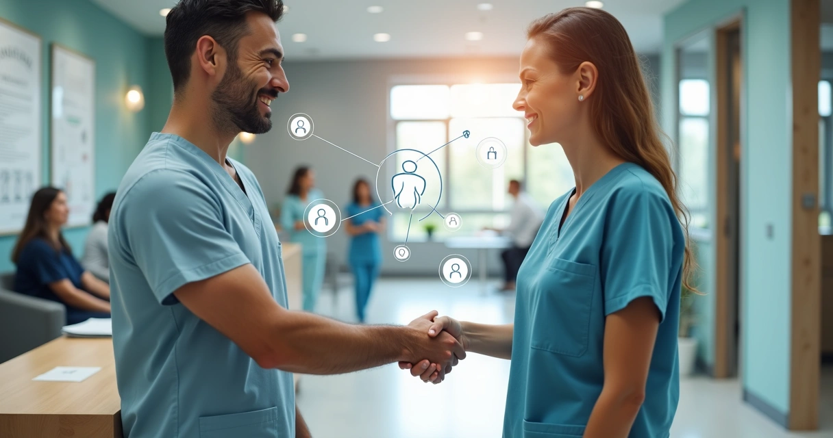 Dentista cumprimentando paciente satisfeito em clínica moderna com ícones de conexão e indicação ao fundo