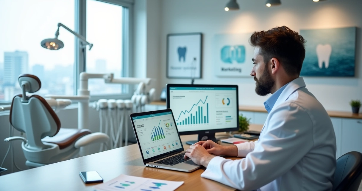 Dentista em consultório moderno analisando gráficos de marketing ao lado da cadeira odontológica