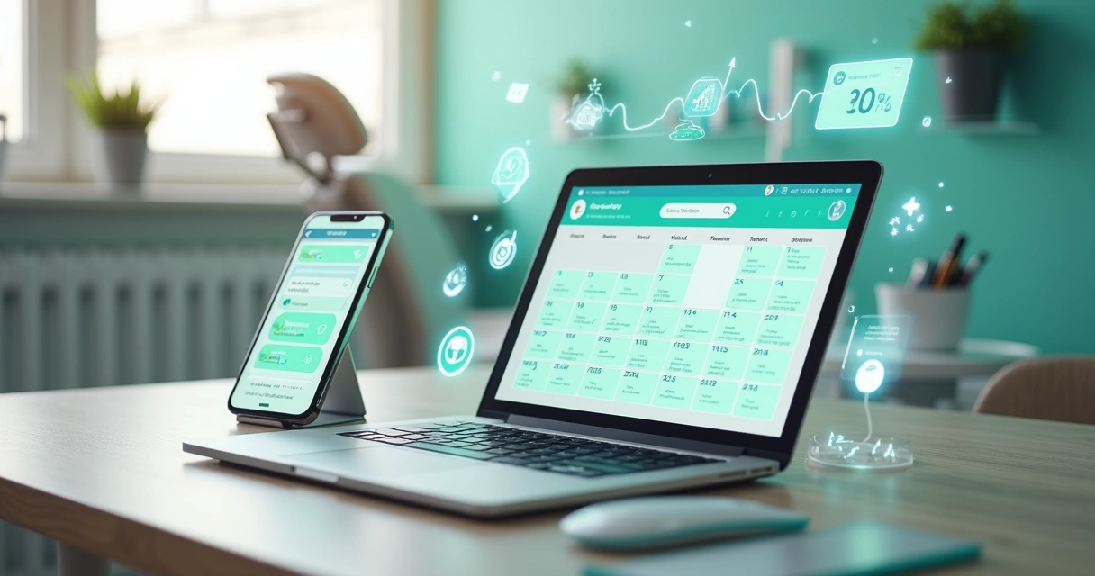 Calendário odontológico com horários completos conectado a ícones de marketing digital