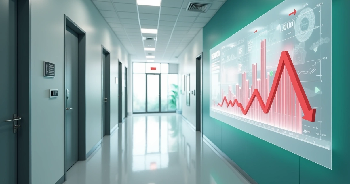 Corredor de clínica odontológica moderna vazio com gráficos de queda projetados na parede