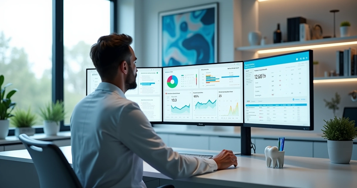 Dentista analisando campanhas digitais de tráfego pago em tela cheia de gráficos