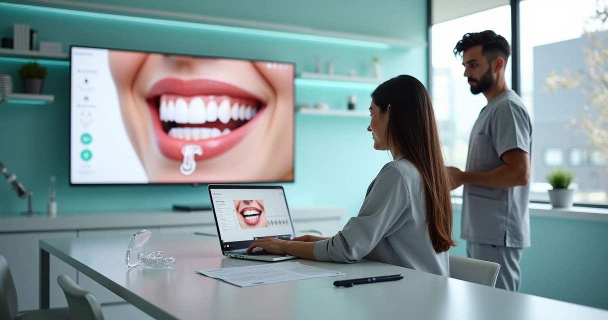 Dentista mostrando simulação de sorriso com Invisalign para paciente em tela 3D
