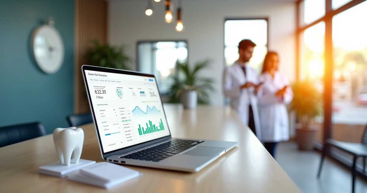 Dentista analisando campanhas de Google Ads para clínica odontológica no notebook