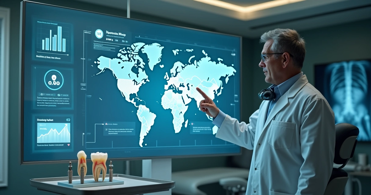 Implantodontista planejando estratégias digitais em consultório moderno