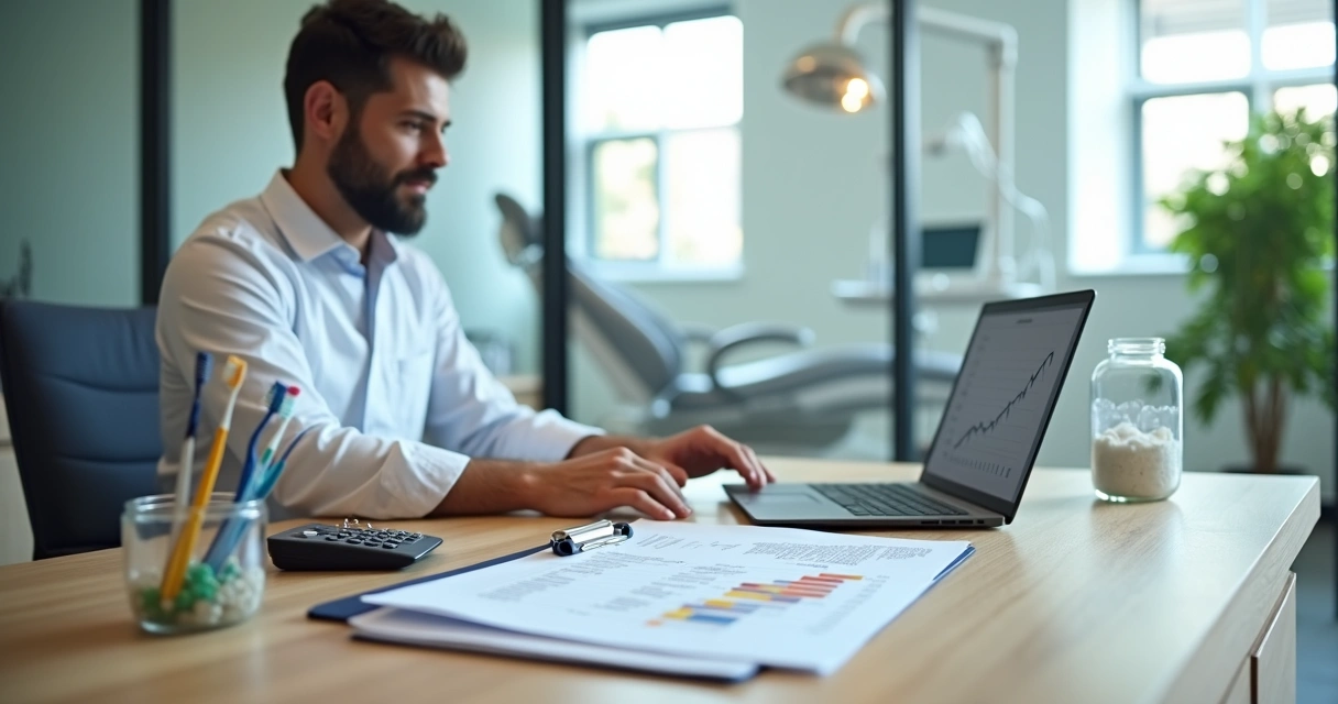 Dentista organizando plano financeiro em mesa com elementos da clínica ao fundo