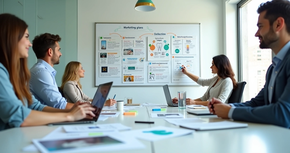 Mesa de reunião com estratégia de marketing digital para clínica odontológica desenhada em quadro branco