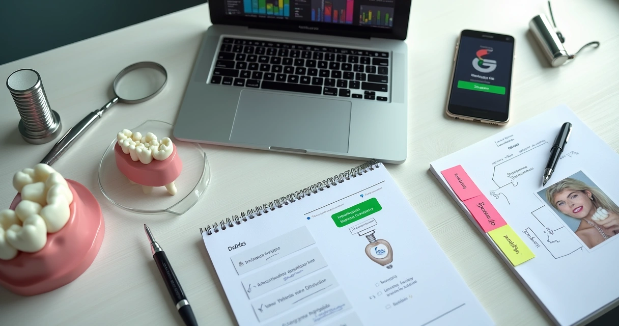 Mesa vista de cima com materiais de marketing e modelo de implante dentário