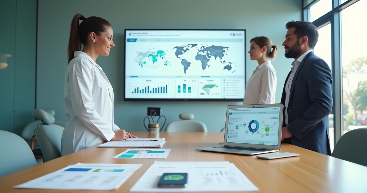 Equipe de clínica odontológica reunida em frente a painel com estratégias de marketing digital