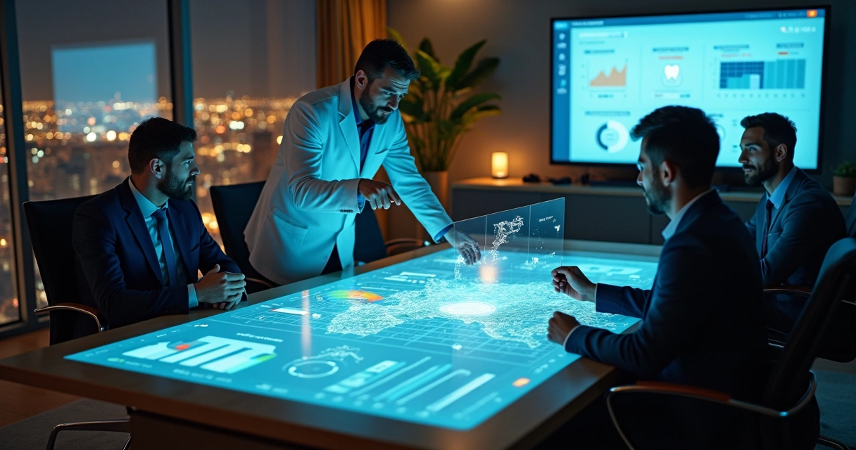 Estrategista de marketing odontológico planejando campanhas digitais em mesa holográfica