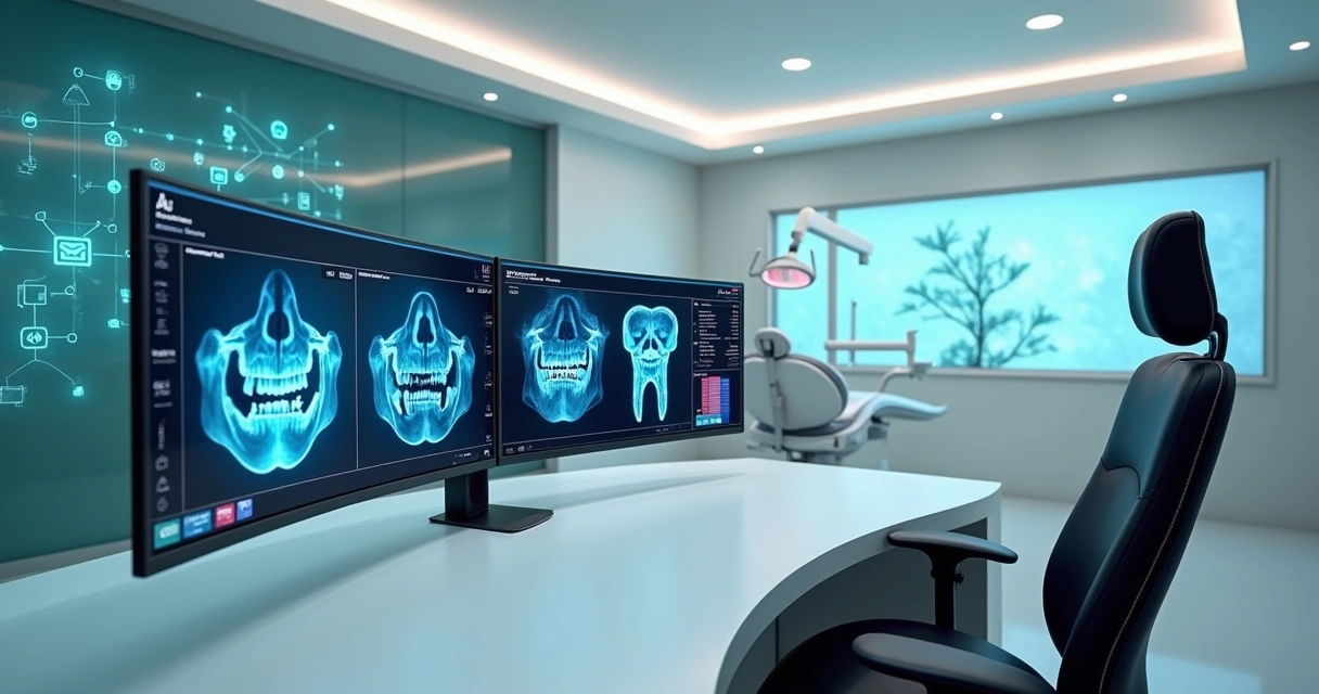 Painel digital de inteligência artificial analisando radiografias odontológicas em clínica moderna