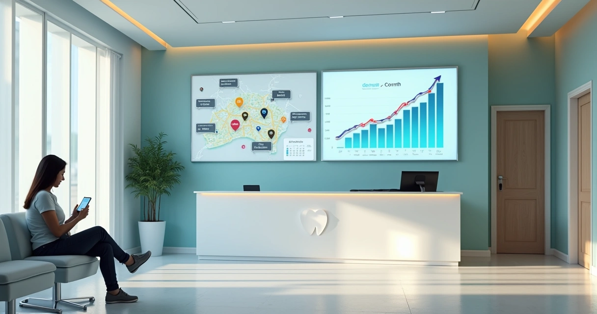 Recepção de clínica odontológica com painel mostrando crescimento de pacientes