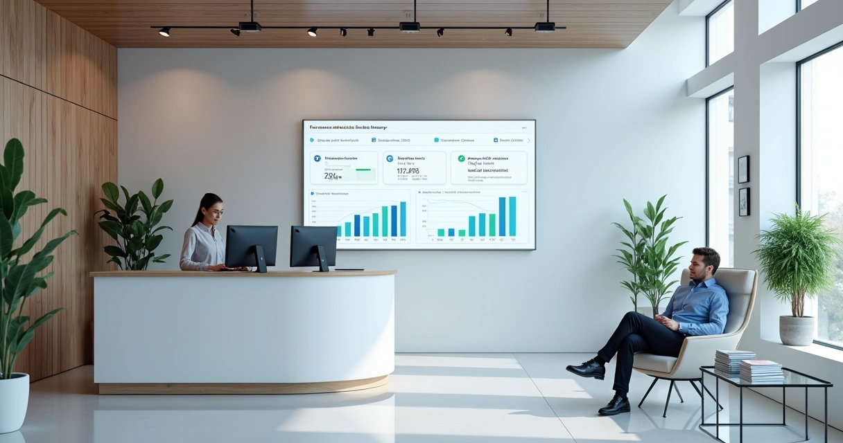 Recepção de clínica odontológica elegante com painel financeiro digital mostrando lucro em alta