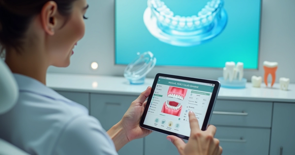 Paciente comparando sorriso com alinhador invisível e tablet com plano de tratamento digital