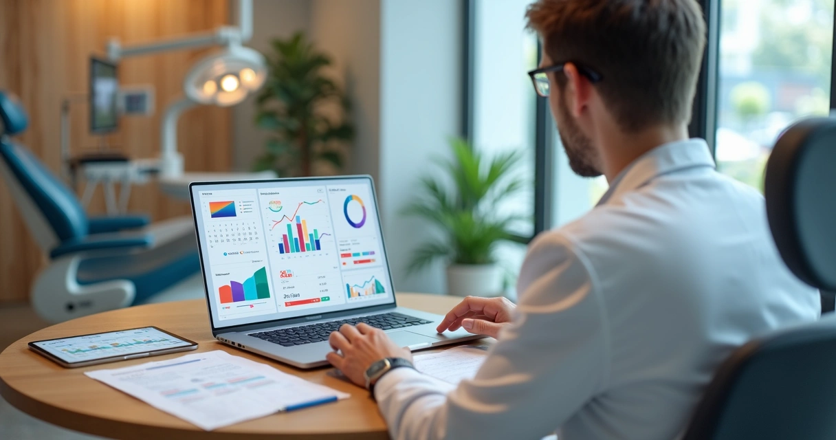 Dentista analisando gráficos financeiros da clínica odontológica em laptop