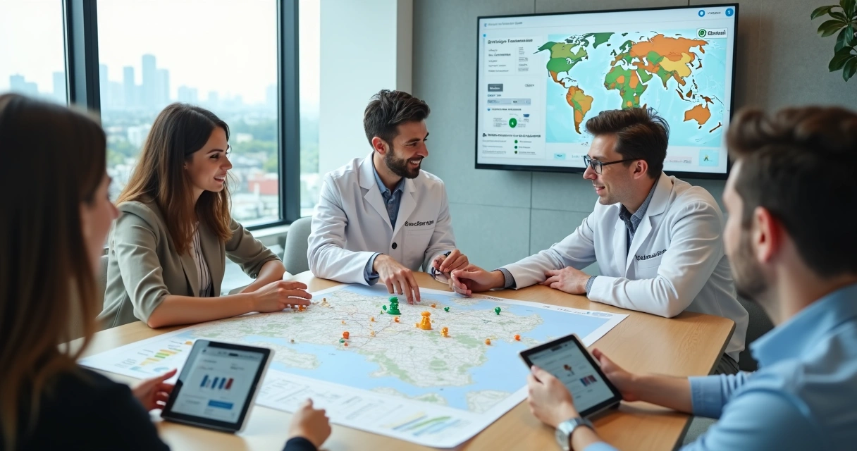 Dentista em reunião estratégica com equipe de marketing em ambiente moderno
