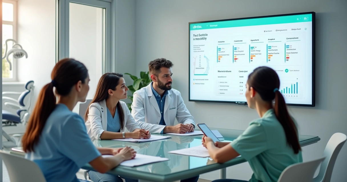 Equipe odontológica reunida vendo fluxo de pacientes em painel de CRM