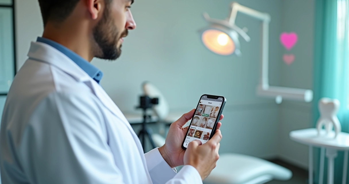 Dentista segurando celular com feed do Instagram em consultório moderno