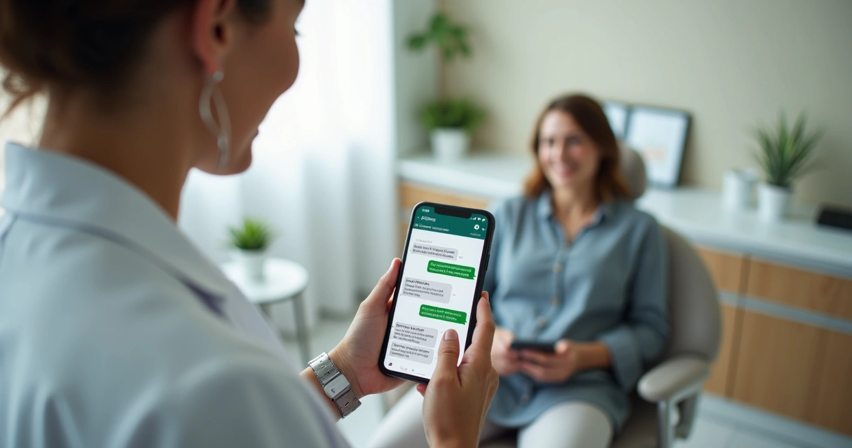 Dentista sorridente segurando smartphone exibindo conversa de WhatsApp com paciente