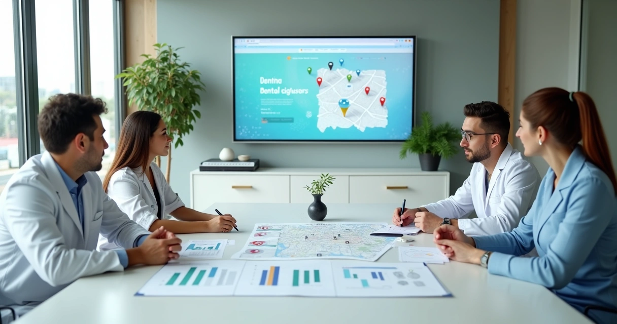 Equipe odontológica reunida em sala moderna planejando marketing digital da clínica