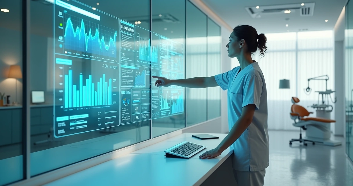 Painel de controle digital com indicadores de performance de clínica odontológica
