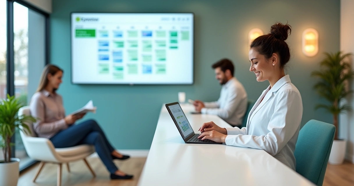 Recepção de clínica odontológica com painel digital mostrando agenda cheia