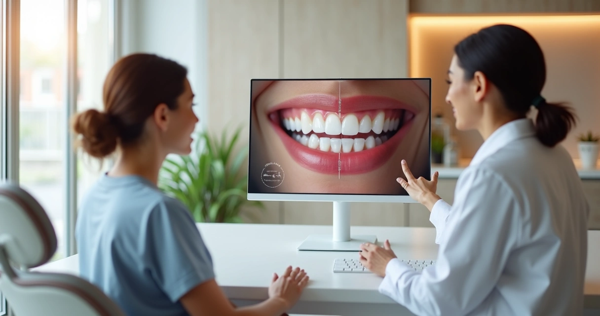 Dentista mostrando diferenças estéticas de lentes de contato dental para paciente em tela dividida
