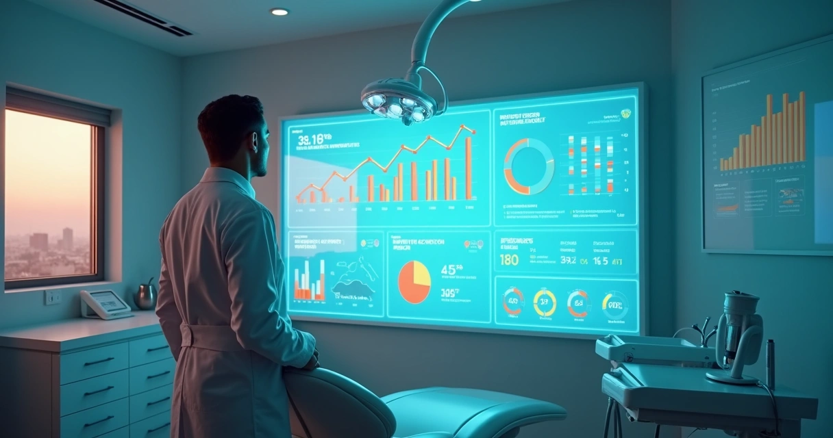 Dentista observando painel de Google Analytics com dados de marketing da clínica