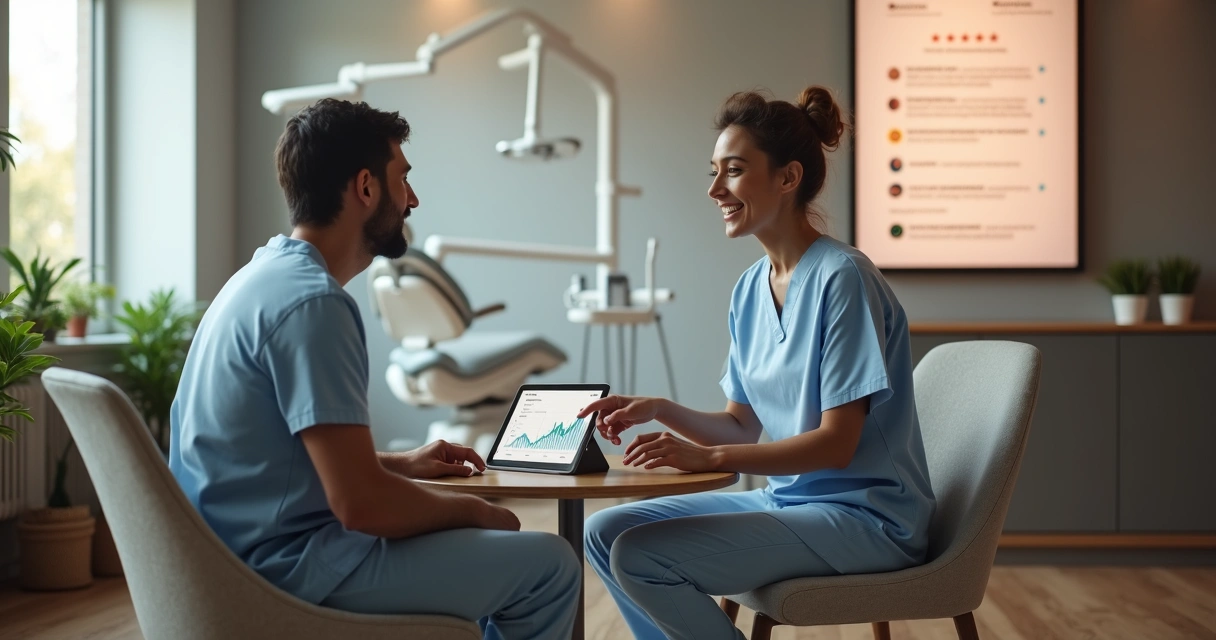 Dentista atendendo paciente particular em consultório moderno e acolhedor