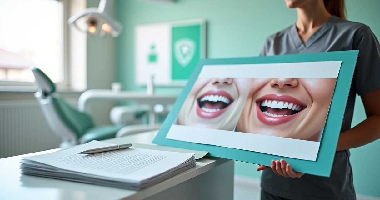Dentista segurando prancha com fotos autorizadas de tratamento odontológico