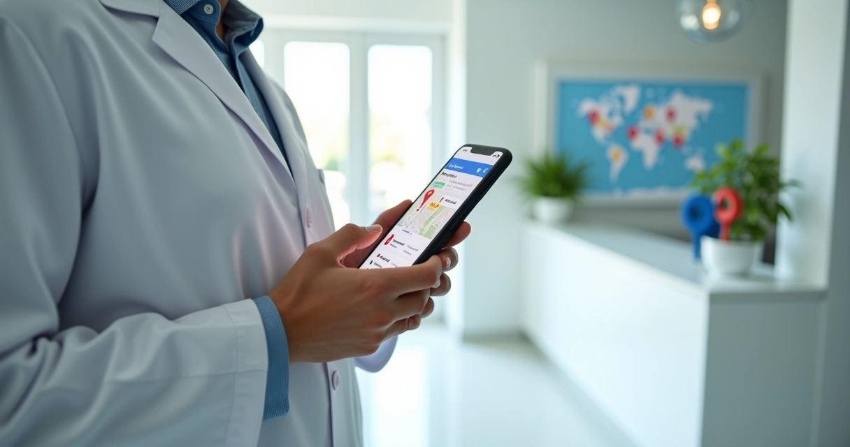 Dentista segurando smartphone com perfil da clínica aberto no Google Maps