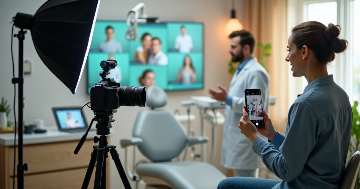 Dentista gravando vídeo com influencer em clínica odontológica moderna