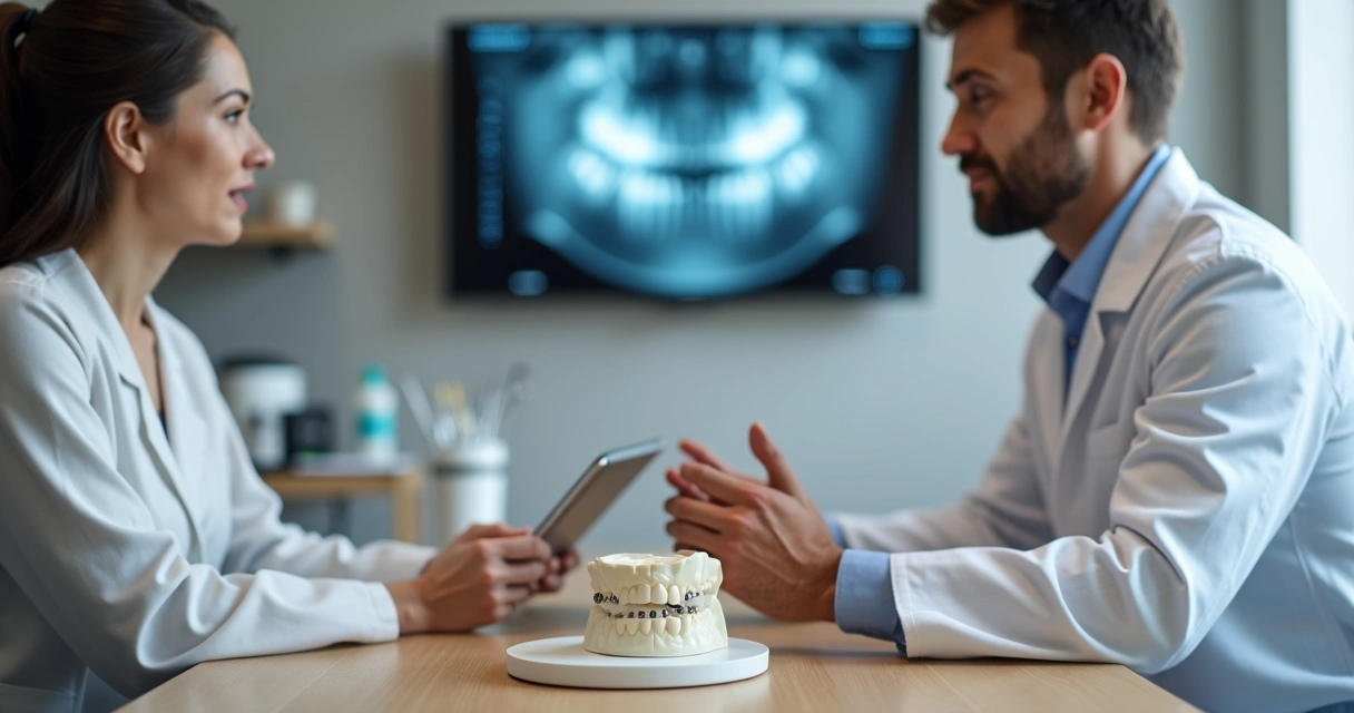 Dentista mostrando modelo de implante dentário para paciente em consulta explicativa
