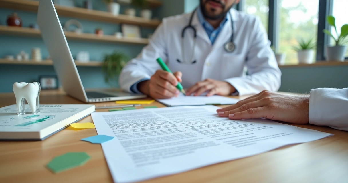 Dentista sentado em mesa de escritório moderno revisando rascunhos de textos de marketing odontológico
