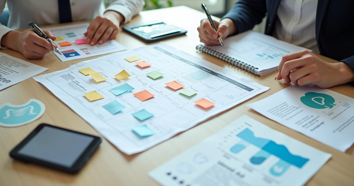 Mesa de estratégia de marketing odontológico com materiais impressos e digitais
