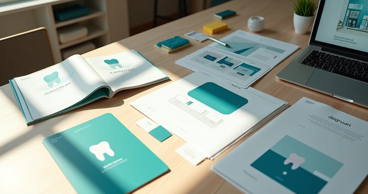 Mesa de designer com conceitos de identidade visual para clínica odontológica