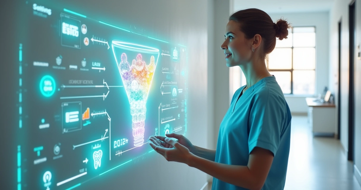 Dentista ortodontista segurando placa transparente com funil digital de leads