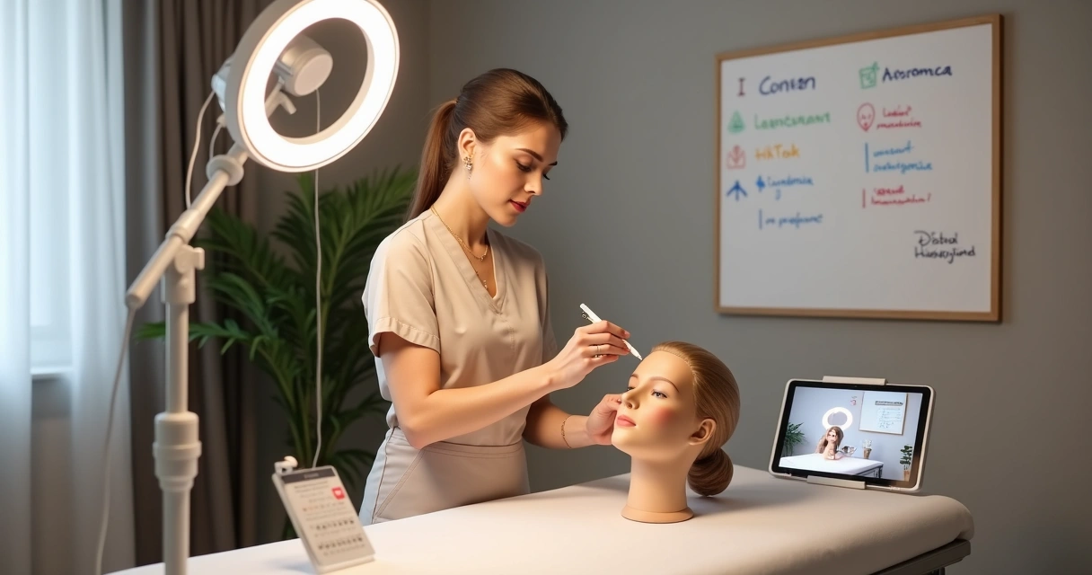 Profissional de harmonização facial produzindo conteúdo em smartphone na clínica