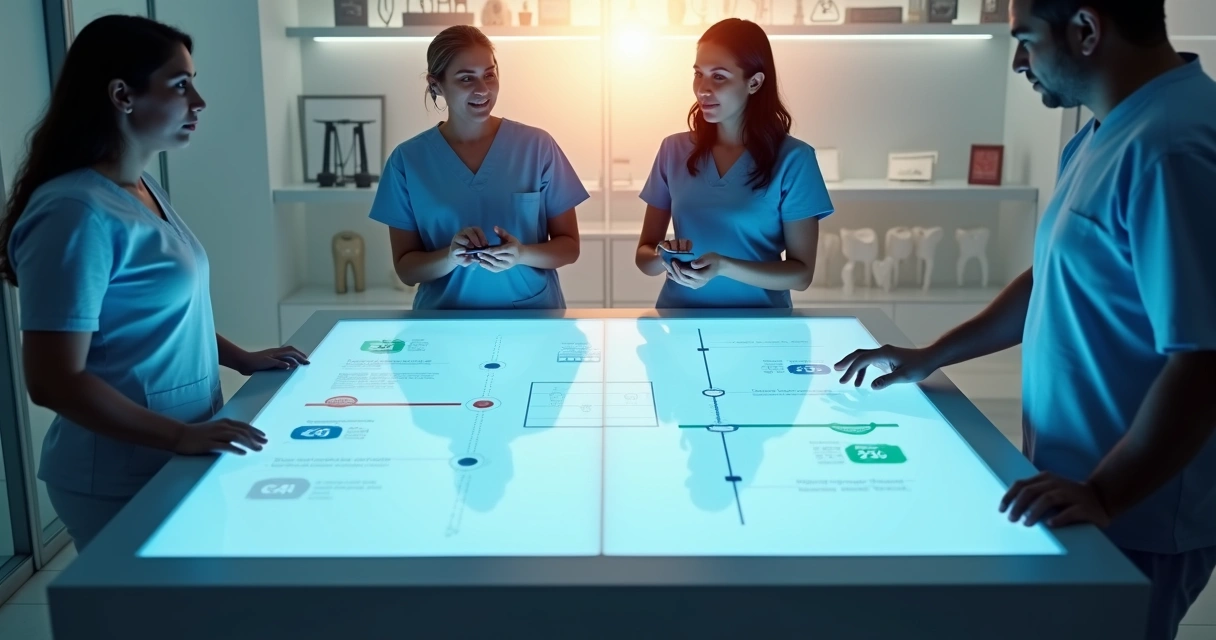 Equipe odontológica analisando dados de pós-venda em tela digital