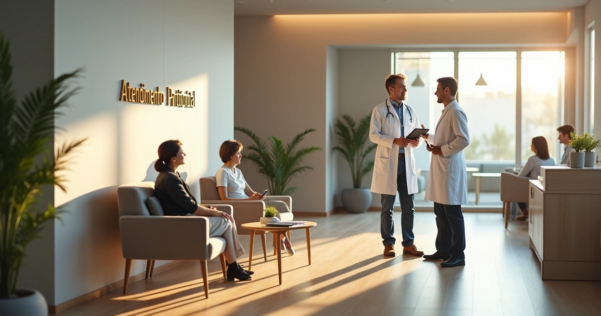 Sala de espera de clínica odontológica moderna com paciente levantando para atendimento particular
