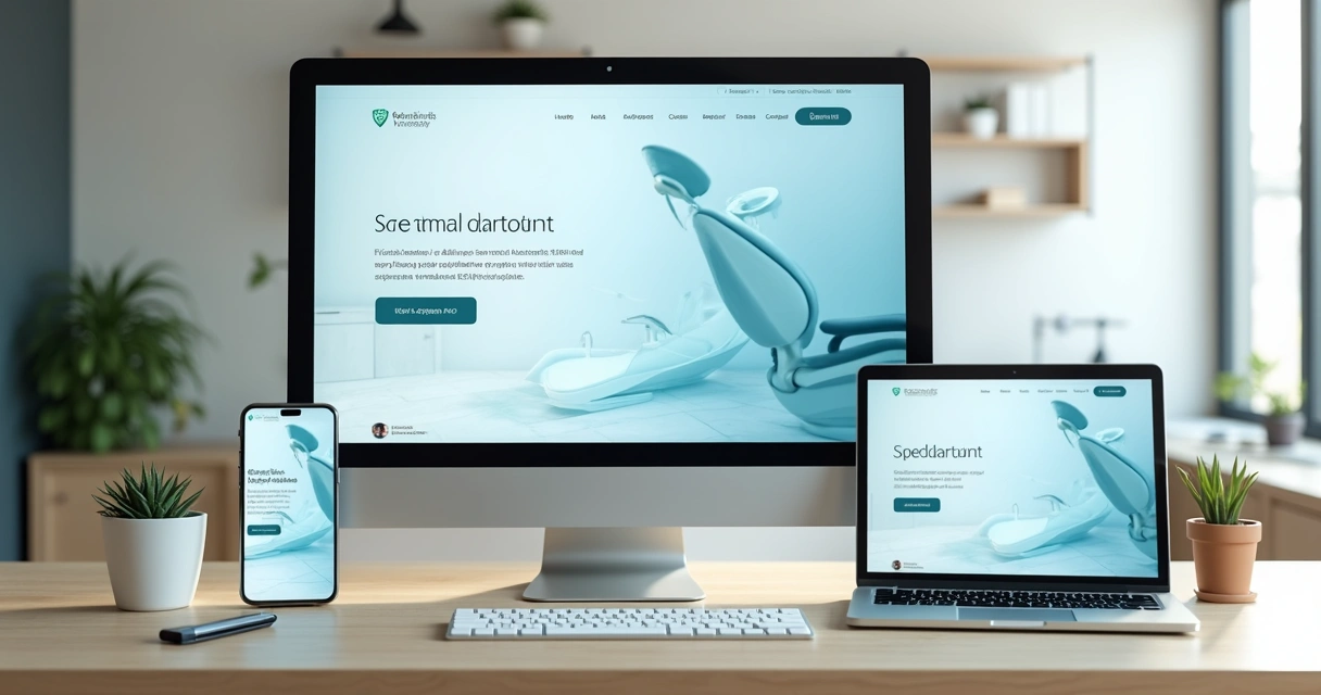 Monitor mostrando site de clínica odontológica com destaque para botão de agendamento online
