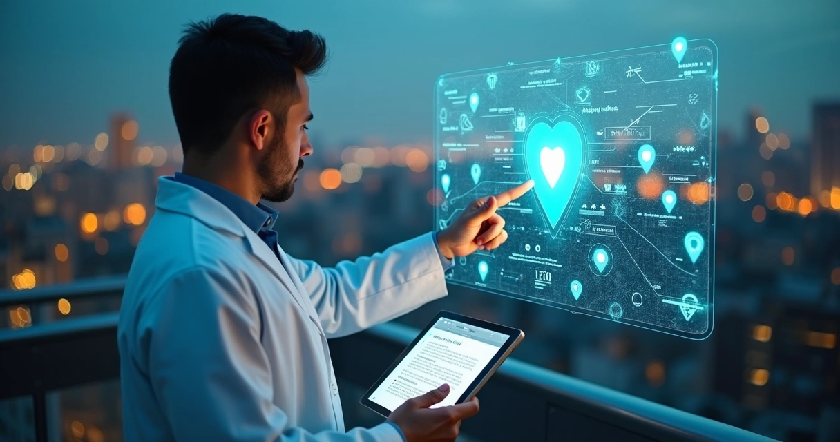 Dentista aponta para mapa digital transparente com ícones de localização sobre a cidade à noite